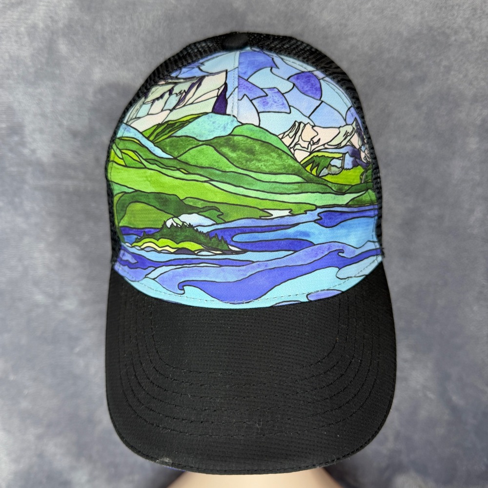 Headsweats Trucker Hat Unisex OSFM Black Glacier National Park Stained Glass